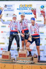 19.10.2024, Arcon, France (FRA): Lou Jeanmonnot (FRA), Chloe Chevalier (FRA), Julia Simon (FRA), (l-r) - Biathlon Samse Summer Tour, sprint, Arcon (FRA). www.nordicfocus.com. © Manzoni/NordicFocus. Every downloaded picture is fee-liable.