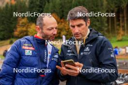 19.10.2024, Arcon, France (FRA): Greg Deschamps (FRA), technician Team France; Cyril Burdet (FRA), coach Team France, (l-r) - Biathlon Samse Summer Tour, sprint, Arcon (FRA). www.nordicfocus.com. © Manzoni/NordicFocus. Every downloaded picture is fee-liable.