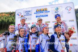 19.10.2024, Arcon, France (FRA): Lou Jeanmonnot (FRA), Chloe Chevalier (FRA), Chloe Dupont (GBR), Louise Roguet (FRA), Lena Moretti (FRA), Amandine Mengin (FRA), Lola Bugeaud (FRA), Lou Anne Dupont Ballet Baz (FRA), (l-r) - Biathlon Samse Summer Tour, sprint, Arcon (FRA). www.nordicfocus.com. © Manzoni/NordicFocus. Every downloaded picture is fee-liable.