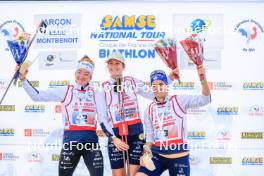 19.10.2024, Arcon, France (FRA): Lou Jeanmonnot (FRA), Chloe Chevalier (FRA), Julia Simon (FRA), (l-r) - Biathlon Samse Summer Tour, sprint, Arcon (FRA). www.nordicfocus.com. © Manzoni/NordicFocus. Every downloaded picture is fee-liable.