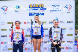 19.10.2024, Arcon, France (FRA): Rose Marguet (FRA), Adele Ouvrier-Buffet (FRA), Zabou Mellouet Achard (FRA), (l-r) - Biathlon Samse Summer Tour, sprint, Arcon (FRA). www.nordicfocus.com. © Manzoni/NordicFocus. Every downloaded picture is fee-liable.