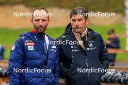 19.10.2024, Arcon, France (FRA): Greg Deschamps (FRA), technician Team France; Cyril Burdet (FRA), coach Team France, (l-r) - Biathlon Samse Summer Tour, sprint, Arcon (FRA). www.nordicfocus.com. © Manzoni/NordicFocus. Every downloaded picture is fee-liable.