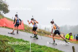 19.10.2024, Arcon, France (FRA): Aymeric Deloche (FRA), Elie Roussel (FRA), Clovis Henocq (FRA), (l-r) - Biathlon Samse Summer Tour, sprint, Arcon (FRA). www.nordicfocus.com. © Manzoni/NordicFocus. Every downloaded picture is fee-liable.