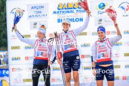 19.10.2024, Arcon, France (FRA): Lou Jeanmonnot (FRA), Chloe Chevalier (FRA), Julia Simon (FRA), (l-r) - Biathlon Samse Summer Tour, sprint, Arcon (FRA). www.nordicfocus.com. © Manzoni/NordicFocus. Every downloaded picture is fee-liable.