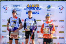 19.10.2024, Arcon, France (FRA): Enzo Bouillet (FRA), Leo Carlier (FRA), Lukas Tannheimer (GER), (l-r) - Biathlon Samse Summer Tour, sprint, Arcon (FRA). www.nordicfocus.com. © Manzoni/NordicFocus. Every downloaded picture is fee-liable.