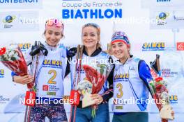 19.10.2024, Arcon, France (FRA): Louise Roguet (FRA), Lena Moretti (FRA), Lola Bugeaud (FRA), (l-r) - Biathlon Samse Summer Tour, sprint, Arcon (FRA). www.nordicfocus.com. © Manzoni/NordicFocus. Every downloaded picture is fee-liable.