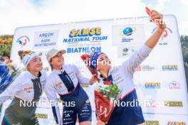 19.10.2024, Arcon, France (FRA): Lou Jeanmonnot (FRA), Chloe Chevalier (FRA), Julia Simon (FRA), (l-r) - Biathlon Samse Summer Tour, sprint, Arcon (FRA). www.nordicfocus.com. © Manzoni/NordicFocus. Every downloaded picture is fee-liable.