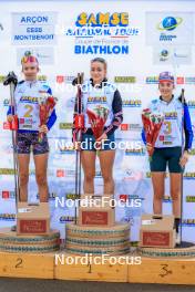 19.10.2024, Arcon, France (FRA): Louise Roguet (FRA), Lena Moretti (FRA), Lola Bugeaud (FRA), (l-r) - Biathlon Samse Summer Tour, sprint, Arcon (FRA). www.nordicfocus.com. © Manzoni/NordicFocus. Every downloaded picture is fee-liable.