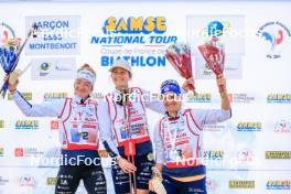 19.10.2024, Arcon, France (FRA): Lou Jeanmonnot (FRA), Chloe Chevalier (FRA), Julia Simon (FRA), (l-r) - Biathlon Samse Summer Tour, sprint, Arcon (FRA). www.nordicfocus.com. © Manzoni/NordicFocus. Every downloaded picture is fee-liable.