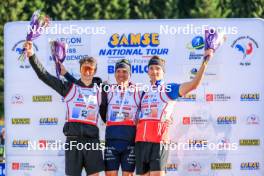 19.10.2024, Arcon, France (FRA): Eric Perrot (FRA), Quentin Fillon Maillet (FRA), Fabien Claude (FRA), (l-r) - Biathlon Samse Summer Tour, sprint, Arcon (FRA). www.nordicfocus.com. © Manzoni/NordicFocus. Every downloaded picture is fee-liable.