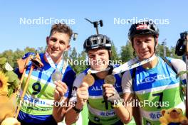 25.08.2024, Otepaeae, Estonia (EST): Jonas Marecek (CZE), Rene Zahkna (EST), Andrejs Rastorgujevs (LAT), (l-r) - IBU Summer Biathlon World Championships, mass men, Otepaeae (EST). www.nordicfocus.com. © Manzoni/NordicFocus. Every downloaded picture is fee-liable.