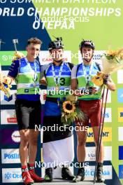 25.08.2024, Otepaeae, Estonia (EST): Jonas Marecek (CZE), Rene Zahkna (EST), Andrejs Rastorgujevs (LAT), (l-r) - IBU Summer Biathlon World Championships, mass men, Otepaeae (EST). www.nordicfocus.com. © Manzoni/NordicFocus. Every downloaded picture is fee-liable.