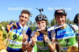 25.08.2024, Otepaeae, Estonia (EST): Jonas Marecek (CZE), Rene Zahkna (EST), Andrejs Rastorgujevs (LAT), (l-r) - IBU Summer Biathlon World Championships, mass men, Otepaeae (EST). www.nordicfocus.com. © Manzoni/NordicFocus. Every downloaded picture is fee-liable.