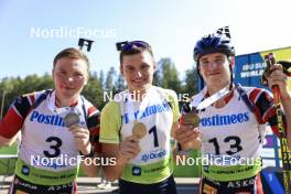 25.08.2024, Otepaeae, Estonia (EST): Sivert Gerhardsen (NOR), Vitalii Mandzyn (UKR), Kasper Kalkenberg (NOR), (l-r) - IBU Summer Biathlon World Championships, pursuit junior men, Otepaeae (EST). www.nordicfocus.com. © Manzoni/NordicFocus. Every downloaded picture is fee-liable.