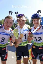 25.08.2024, Otepaeae, Estonia (EST): Sivert Gerhardsen (NOR), Vitalii Mandzyn (UKR), Kasper Kalkenberg (NOR), (l-r) - IBU Summer Biathlon World Championships, pursuit junior men, Otepaeae (EST). www.nordicfocus.com. © Manzoni/NordicFocus. Every downloaded picture is fee-liable.