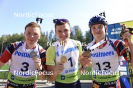 25.08.2024, Otepaeae, Estonia (EST): Sivert Gerhardsen (NOR), Vitalii Mandzyn (UKR), Kasper Kalkenberg (NOR), (l-r) - IBU Summer Biathlon World Championships, pursuit junior men, Otepaeae (EST). www.nordicfocus.com. © Manzoni/NordicFocus. Every downloaded picture is fee-liable.