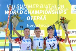 25.08.2024, Otepaeae, Estonia (EST): Sivert Gerhardsen (NOR), Vitalii Mandzyn (UKR), Kasper Kalkenberg (NOR), (l-r) - IBU Summer Biathlon World Championships, pursuit junior men, Otepaeae (EST). www.nordicfocus.com. © Manzoni/NordicFocus. Every downloaded picture is fee-liable.