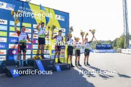 25.08.2024, Otepaeae, Estonia (EST): Sivert Gerhardsen (NOR), Vitalii Mandzyn (UKR), Kasper Kalkenberg (NOR), Jakub Borgula (SVK), Jakub Potoniec (POL), Mark-Markos Kehva (EST), (l-r) - IBU Summer Biathlon World Championships, pursuit junior men, Otepaeae (EST). www.nordicfocus.com. © Manzoni/NordicFocus. Every downloaded picture is fee-liable.