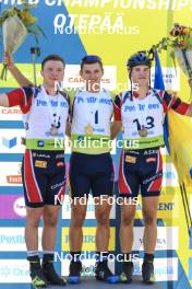 25.08.2024, Otepaeae, Estonia (EST): Sivert Gerhardsen (NOR), Vitalii Mandzyn (UKR), Kasper Kalkenberg (NOR), (l-r) - IBU Summer Biathlon World Championships, pursuit junior men, Otepaeae (EST). www.nordicfocus.com. © Manzoni/NordicFocus. Every downloaded picture is fee-liable.