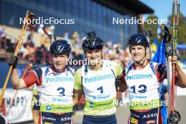 25.08.2024, Otepaeae, Estonia (EST): Sivert Gerhardsen (NOR), Vitalii Mandzyn (UKR), Kasper Kalkenberg (NOR), (l-r) - IBU Summer Biathlon World Championships, pursuit junior men, Otepaeae (EST). www.nordicfocus.com. © Manzoni/NordicFocus. Every downloaded picture is fee-liable.