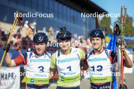 25.08.2024, Otepaeae, Estonia (EST): Sivert Gerhardsen (NOR), Vitalii Mandzyn (UKR), Kasper Kalkenberg (NOR), (l-r) - IBU Summer Biathlon World Championships, pursuit junior men, Otepaeae (EST). www.nordicfocus.com. © Manzoni/NordicFocus. Every downloaded picture is fee-liable.