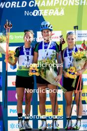 25.08.2024, Otepaeae, Estonia (EST): Lora Hristova (BUL), Valentina Dimitrova (BUL), Ilona Plechacova (CZE), (l-r) - IBU Summer Biathlon World Championships, pursuit junior women, Otepaeae (EST). www.nordicfocus.com. © Manzoni/NordicFocus. Every downloaded picture is fee-liable.