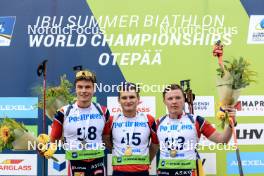 24.08.2024, Otepaeae, Estonia (EST): Haavard Tosterud (NOR), Vitalii Mandzyn (UKR), Sivert Gerhardsen (NOR), (l-r) - IBU Summer Biathlon World Championships, sprint junior men, Otepaeae (EST). www.nordicfocus.com. © Manzoni/NordicFocus. Every downloaded picture is fee-liable.