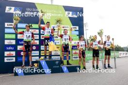 24.08.2024, Otepaeae, Estonia (EST): Haavard Tosterud (NOR), Vitalii Mandzyn (UKR), Sivert Gerhardsen (NOR), Andreas Aas (NOR), Fabian Suchodolski (POL), Konstantin Vasilev (BUL), (l-r) - IBU Summer Biathlon World Championships, sprint junior men, Otepaeae (EST). www.nordicfocus.com. © Manzoni/NordicFocus. Every downloaded picture is fee-liable.