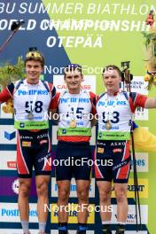 24.08.2024, Otepaeae, Estonia (EST): Haavard Tosterud (NOR), Vitalii Mandzyn (UKR), Sivert Gerhardsen (NOR), (l-r) - IBU Summer Biathlon World Championships, sprint junior men, Otepaeae (EST). www.nordicfocus.com. © Manzoni/NordicFocus. Every downloaded picture is fee-liable.