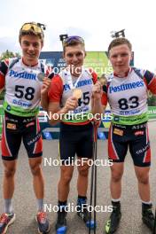 24.08.2024, Otepaeae, Estonia (EST): Haavard Tosterud (NOR), Vitalii Mandzyn (UKR), Sivert Gerhardsen (NOR), (l-r) - IBU Summer Biathlon World Championships, sprint junior men, Otepaeae (EST). www.nordicfocus.com. © Manzoni/NordicFocus. Every downloaded picture is fee-liable.