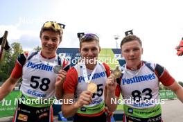 24.08.2024, Otepaeae, Estonia (EST): Haavard Tosterud (NOR), Vitalii Mandzyn (UKR), Sivert Gerhardsen (NOR), (l-r) - IBU Summer Biathlon World Championships, sprint junior men, Otepaeae (EST). www.nordicfocus.com. © Manzoni/NordicFocus. Every downloaded picture is fee-liable.