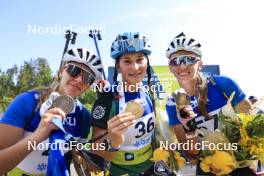 24.08.2024, Otepaeae, Estonia (EST): Viktoriia Khvostenko (UKR), Valentina Dimitrova (BUL), Olena Horodna (UKR), (l-r) - IBU Summer Biathlon World Championships, sprint junior women, Otepaeae (EST). www.nordicfocus.com. © Manzoni/NordicFocus. Every downloaded picture is fee-liable.