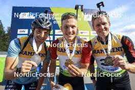 24.08.2024, Otepaeae, Estonia (EST): Emilien Claude (FRA), Jakub Stvrtecky (CZE), Thierry Langer (BEL), (l-r) - IBU Summer Biathlon World Championships, sprint men, Otepaeae (EST). www.nordicfocus.com. © Manzoni/NordicFocus. Every downloaded picture is fee-liable.