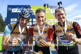 24.08.2024, Otepaeae, Estonia (EST): Emilien Claude (FRA), Jakub Stvrtecky (CZE), Thierry Langer (BEL), (l-r) - IBU Summer Biathlon World Championships, sprint men, Otepaeae (EST). www.nordicfocus.com. © Manzoni/NordicFocus. Every downloaded picture is fee-liable.