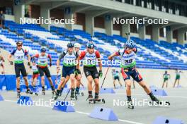 22.08.2024, Otepaeae, Estonia (EST): Laszlo Kunos (HUN), Konrad Badacz (POL), Andreas Aas (NOR), (l-r) - IBU Summer Biathlon World Championships, super sprint junior men, Otepaeae (EST). www.nordicfocus.com. © Manzoni/NordicFocus. Every downloaded picture is fee-liable.