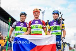 22.08.2024, Otepaeae, Estonia (EST): Matija Legovic (CRO), David Elias (CZE), Victor Berglund (SWE), (l-r) - IBU Summer Biathlon World Championships, super sprint junior men, Otepaeae (EST). www.nordicfocus.com. © Manzoni/NordicFocus. Every downloaded picture is fee-liable.