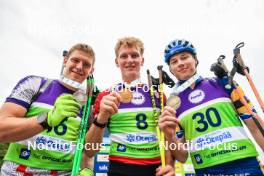 22.08.2024, Otepaeae, Estonia (EST): Matija Legovic (CRO), David Elias (CZE), Victor Berglund (SWE), (l-r) - IBU Summer Biathlon World Championships, super sprint junior men, Otepaeae (EST). www.nordicfocus.com. © Manzoni/NordicFocus. Every downloaded picture is fee-liable.