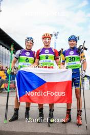 22.08.2024, Otepaeae, Estonia (EST): Matija Legovic (CRO), David Elias (CZE), Victor Berglund (SWE), (l-r) - IBU Summer Biathlon World Championships, super sprint junior men, Otepaeae (EST). www.nordicfocus.com. © Manzoni/NordicFocus. Every downloaded picture is fee-liable.