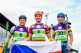 22.08.2024, Otepaeae, Estonia (EST): Matija Legovic (CRO), David Elias (CZE), Victor Berglund (SWE), (l-r) - IBU Summer Biathlon World Championships, super sprint junior men, Otepaeae (EST). www.nordicfocus.com. © Manzoni/NordicFocus. Every downloaded picture is fee-liable.