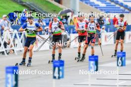 22.08.2024, Otepaeae, Estonia (EST): Vitalii Mandzyn (UKR), Jakub Potoniec (POL), Fabian Suchodolski (POL), Kasper Kalkenberg (NOR), (l-r) - IBU Summer Biathlon World Championships, super sprint junior men, Otepaeae (EST). www.nordicfocus.com. © Manzoni/NordicFocus. Every downloaded picture is fee-liable.