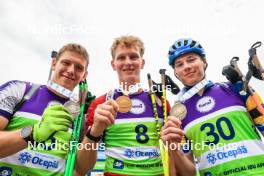 22.08.2024, Otepaeae, Estonia (EST): Matija Legovic (CRO), David Elias (CZE), Victor Berglund (SWE), (l-r) - IBU Summer Biathlon World Championships, super sprint junior men, Otepaeae (EST). www.nordicfocus.com. © Manzoni/NordicFocus. Every downloaded picture is fee-liable.