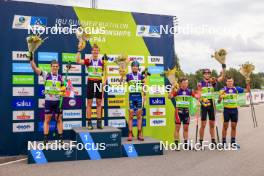 22.08.2024, Otepaeae, Estonia (EST): Matija Legovic (CRO), David Elias (CZE), Victor Berglund (SWE), Sivert Gerhardsen (NOR), Jakub Borgula (SVK), Vitalii Mandzyn (UKR), (l-r) - IBU Summer Biathlon World Championships, super sprint junior men, Otepaeae (EST). www.nordicfocus.com. © Manzoni/NordicFocus. Every downloaded picture is fee-liable.