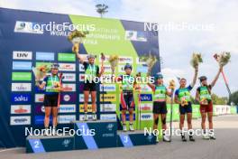 22.08.2024, Otepaeae, Estonia (EST): Inka Hamalainen (FIN), Lora Hristova (BUL), Ragna Fodstad (NOR), Valentina Dimitrova (BUL), Viktoriia Khvostenko (UKR), Estere Volfa (LAT), (l-r) - IBU Summer Biathlon World Championships, super sprint junior women, Otepaeae (EST). www.nordicfocus.com. © Manzoni/NordicFocus. Every downloaded picture is fee-liable.