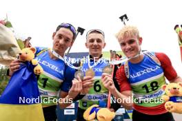 23.08.2024, Otepaeae, Estonia (EST): Artem Tyshchenko (UKR), Dmytro Pidruchnyi (UKR), Tomas Mikyska (CZE), (l-r) - IBU Summer Biathlon World Championships, super sprint men, Otepaeae (EST). www.nordicfocus.com. © Manzoni/NordicFocus. Every downloaded picture is fee-liable.