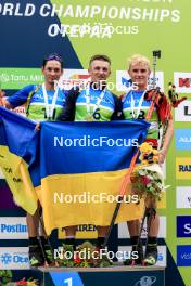 23.08.2024, Otepaeae, Estonia (EST): Artem Tyshchenko (UKR), Dmytro Pidruchnyi (UKR), Tomas Mikyska (CZE), (l-r) - IBU Summer Biathlon World Championships, super sprint men, Otepaeae (EST). www.nordicfocus.com. © Manzoni/NordicFocus. Every downloaded picture is fee-liable.