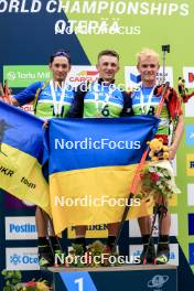 23.08.2024, Otepaeae, Estonia (EST): Artem Tyshchenko (UKR), Dmytro Pidruchnyi (UKR), Tomas Mikyska (CZE), (l-r) - IBU Summer Biathlon World Championships, super sprint men, Otepaeae (EST). www.nordicfocus.com. © Manzoni/NordicFocus. Every downloaded picture is fee-liable.