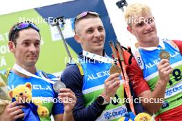 23.08.2024, Otepaeae, Estonia (EST): Artem Tyshchenko (UKR), Dmytro Pidruchnyi (UKR), Tomas Mikyska (CZE), (l-r) - IBU Summer Biathlon World Championships, super sprint men, Otepaeae (EST). www.nordicfocus.com. © Manzoni/NordicFocus. Every downloaded picture is fee-liable.