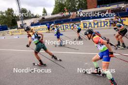 23.08.2024, Otepaeae, Estonia (EST): Vytautas Strolia (LTU), Alexandr Mukhin (KAZ), Fabien Claude (FRA), Dmitrii Shamaev (ROU), Vladimir Iliev (BUL), (l-r) - IBU Summer Biathlon World Championships, super sprint men, Otepaeae (EST). www.nordicfocus.com. © Manzoni/NordicFocus. Every downloaded picture is fee-liable.