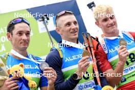 23.08.2024, Otepaeae, Estonia (EST): Artem Tyshchenko (UKR), Dmytro Pidruchnyi (UKR), Tomas Mikyska (CZE), (l-r) - IBU Summer Biathlon World Championships, super sprint men, Otepaeae (EST). www.nordicfocus.com. © Manzoni/NordicFocus. Every downloaded picture is fee-liable.