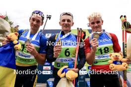 23.08.2024, Otepaeae, Estonia (EST): Artem Tyshchenko (UKR), Dmytro Pidruchnyi (UKR), Tomas Mikyska (CZE), (l-r) - IBU Summer Biathlon World Championships, super sprint men, Otepaeae (EST). www.nordicfocus.com. © Manzoni/NordicFocus. Every downloaded picture is fee-liable.